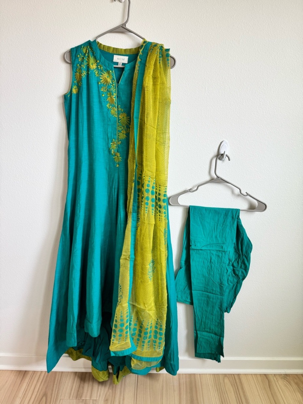 Turquoise & Lime Embroidered Anarkali Dress with Dupatta